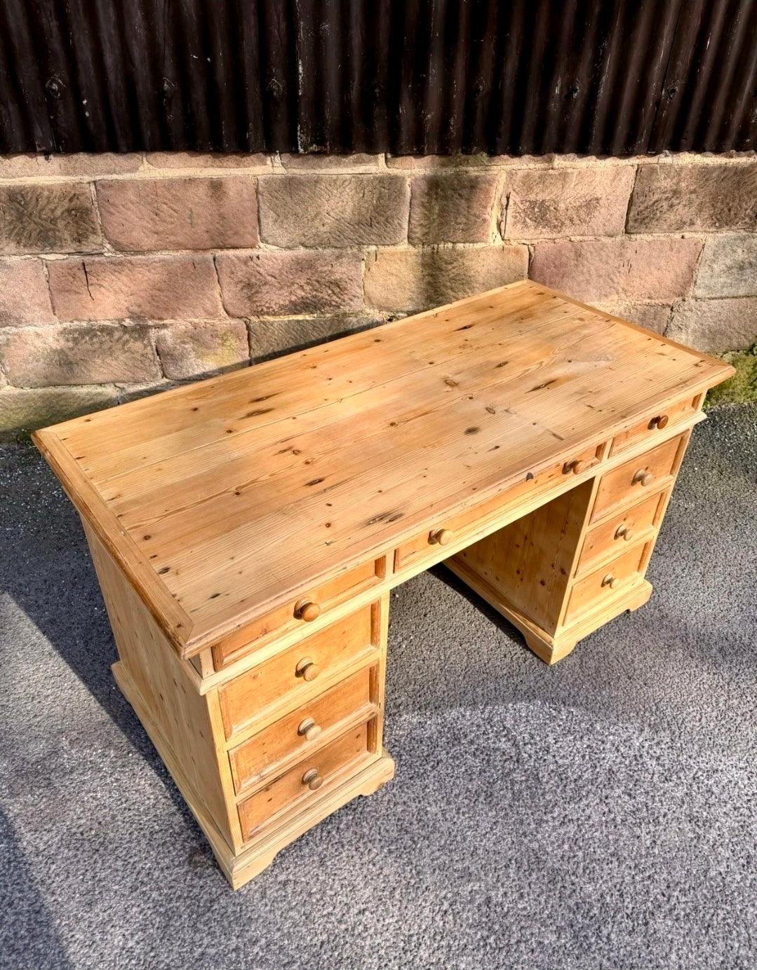 Waxed Solid Pine Twin Pedestal Desk Traditional Rustic, Study, Drawers, Office