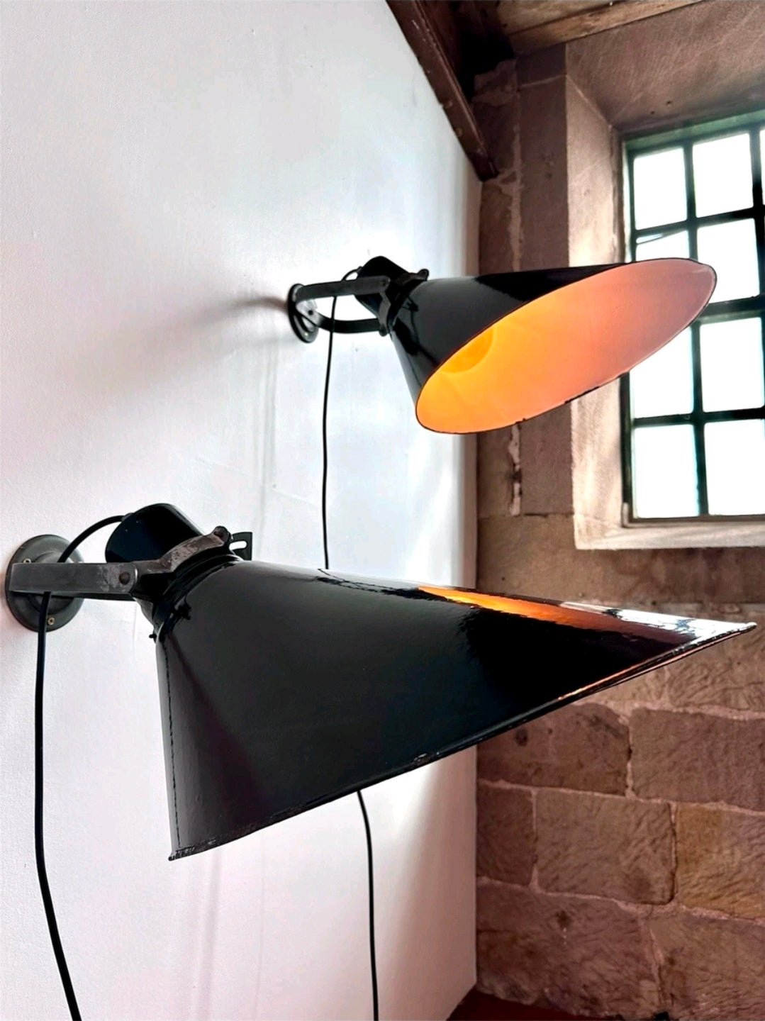 Large Rare Original 1940s Industrial Black Enamel Sign Lights, Picture Light