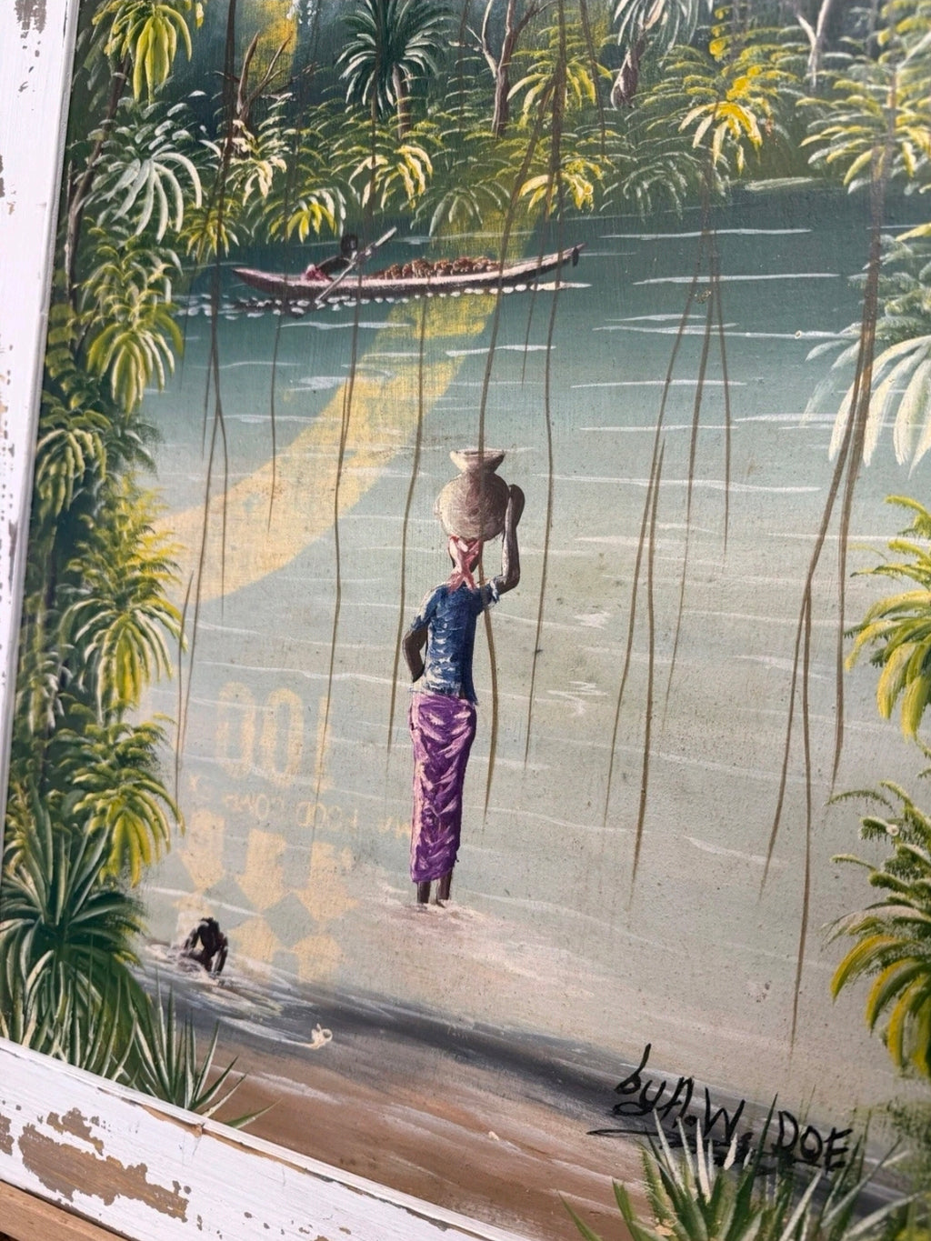 Framed Impasto Ethnic Oil Painting by A W Doe African Artist, Palm Trees, Lady