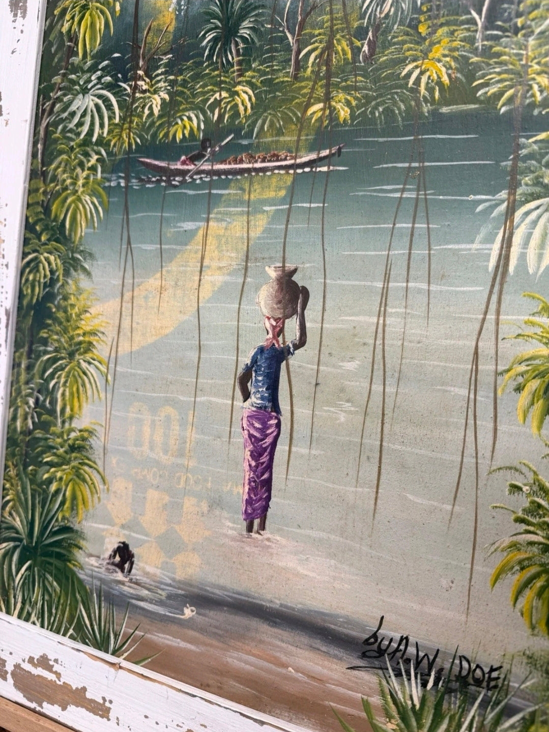 Framed Impasto Ethnic Oil Painting by A W Doe African Artist, Palm Trees, Lady