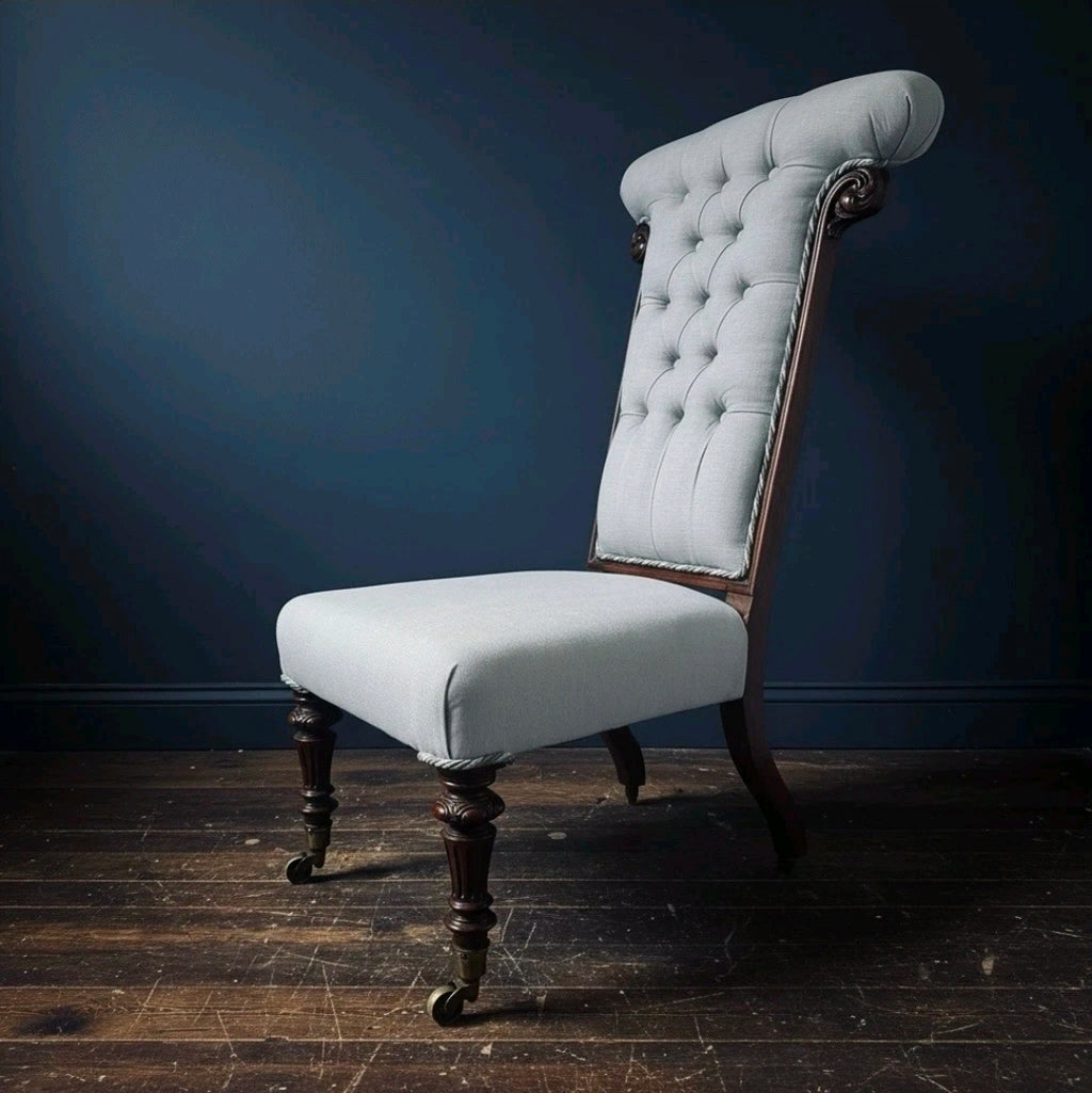 Victorian Prie dieu Chair Rosewood Upholstered Grey Chair, Bedroom, Occasional