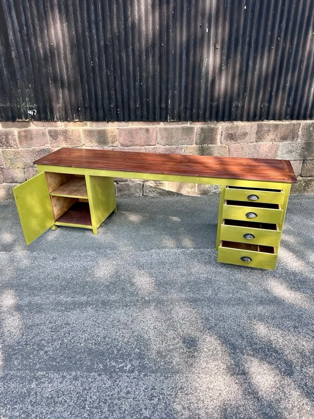 Industrial Reclaimed Large Clerks Desk. Original Paint, Statement, 8ft, Drawers