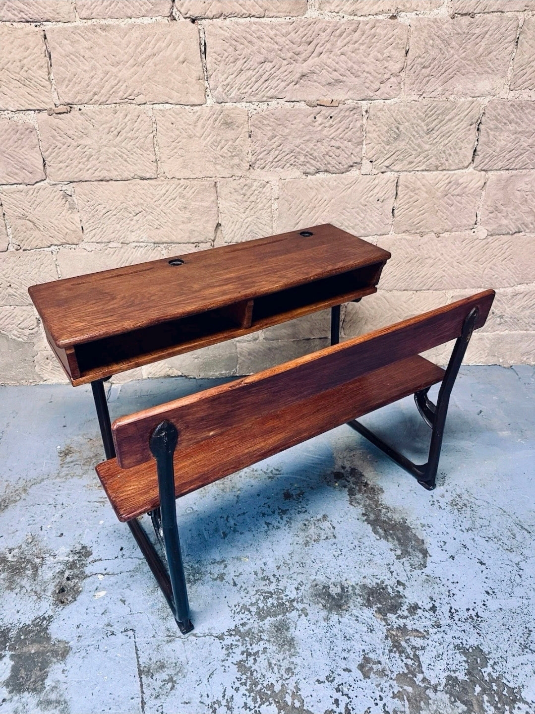 Antique Double School Desk. Oak & Cast Iron. Playroom, Kids Workspace, Orginal