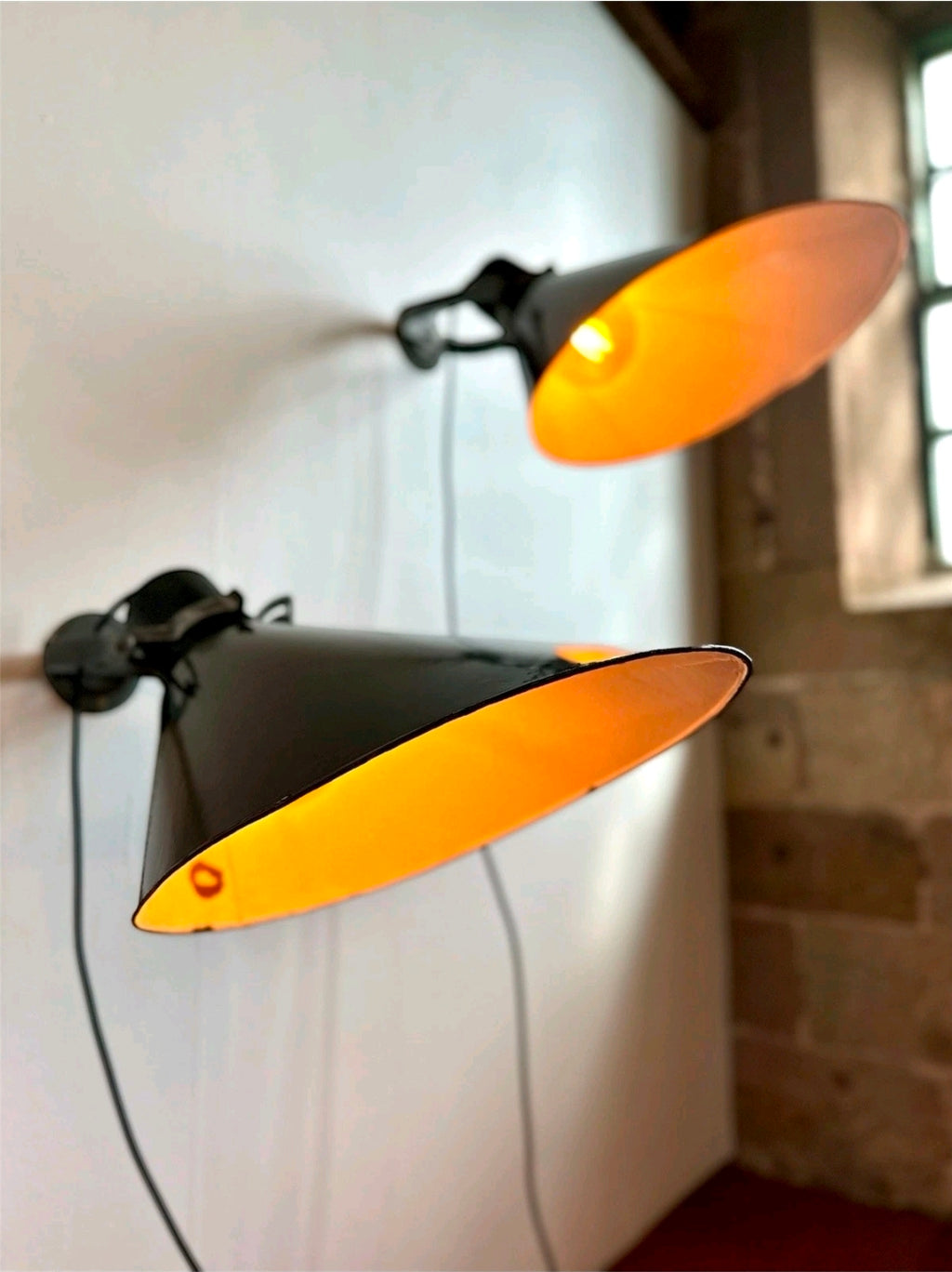 Large Rare Original 1940s Industrial Black Enamel Sign Lights, Picture Light