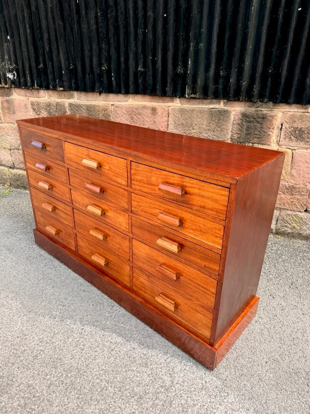 Vintage Mid Century Iroko Wood Science Lab Bank Of Drawers. 1950s, Industrial
