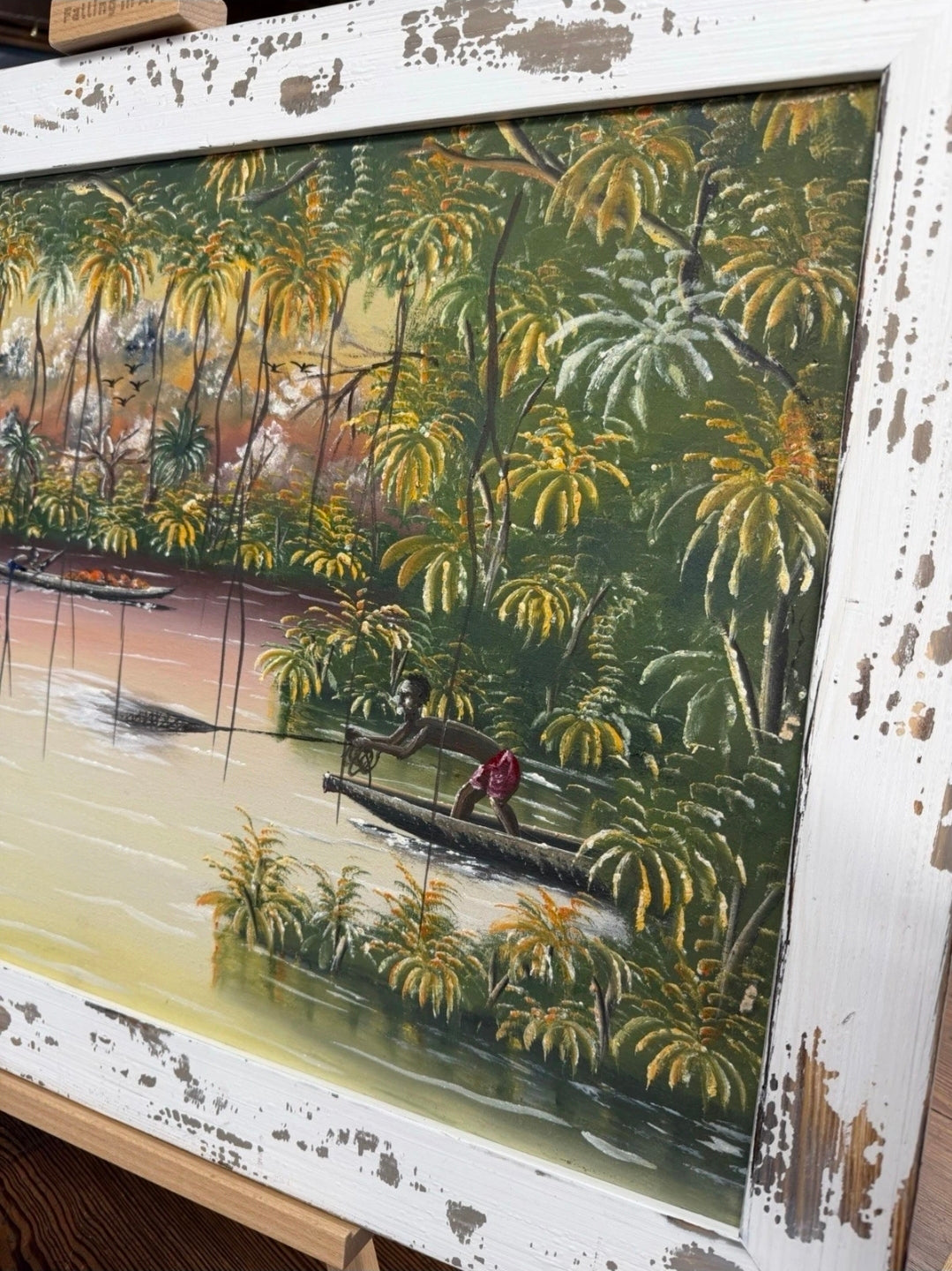 Framed Impasto Ethnic Oil Painting by A W Doe African Artist, Palm Trees, Boats
