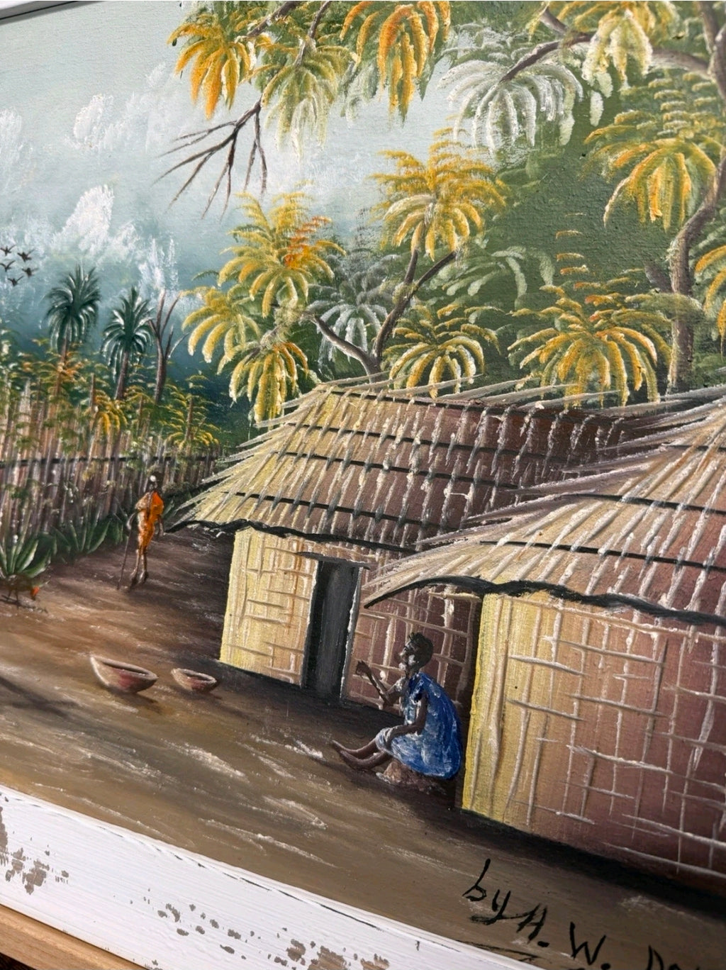 Framed Impasto Ethnic Oil Painting by A W Doe African Artist, Palm Trees, Huts