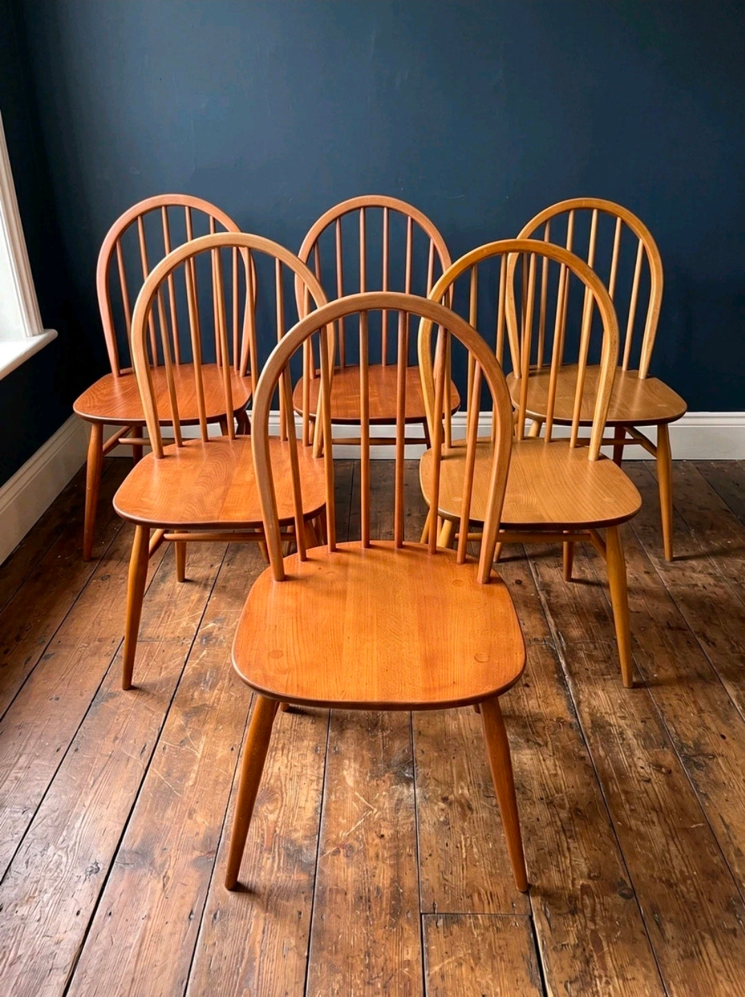 Ercol Elm And Beech Windsor Dining Chairs. Set Of 6, Vintage, Mid Century