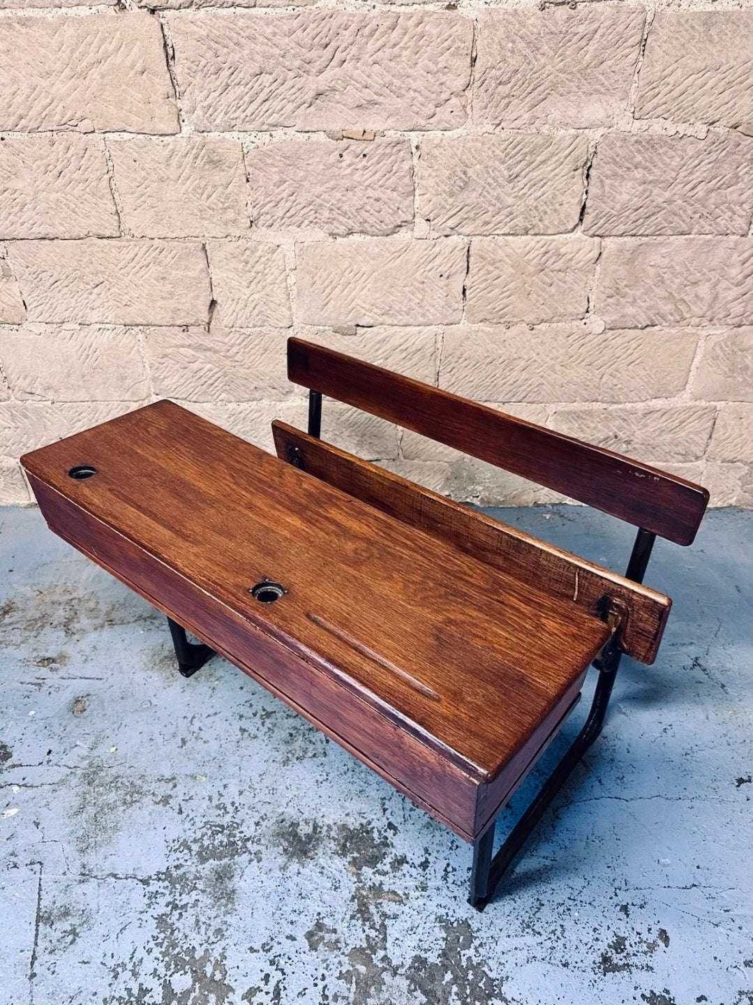 Antique Double School Desk. Oak & Cast Iron. Playroom, Kids Workspace, Orginal