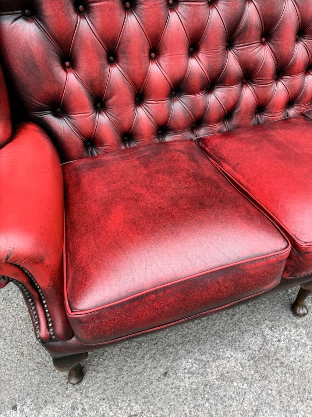 Vintage Oxblood Leather Chesterfield 3 seater Wingback Sofa.