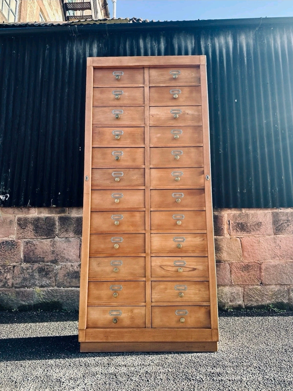 1930s Bank Of 24 Drawers. Haberdashery, Apothecary, Larch Wood, Filing Cabinet.