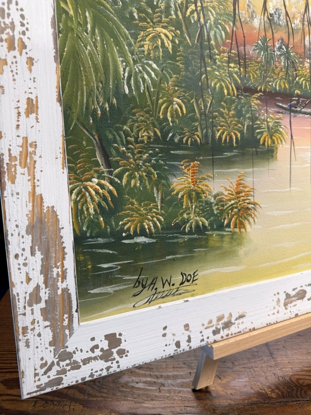 Framed Impasto Ethnic Oil Painting by A W Doe African Artist, Palm Trees, Boats