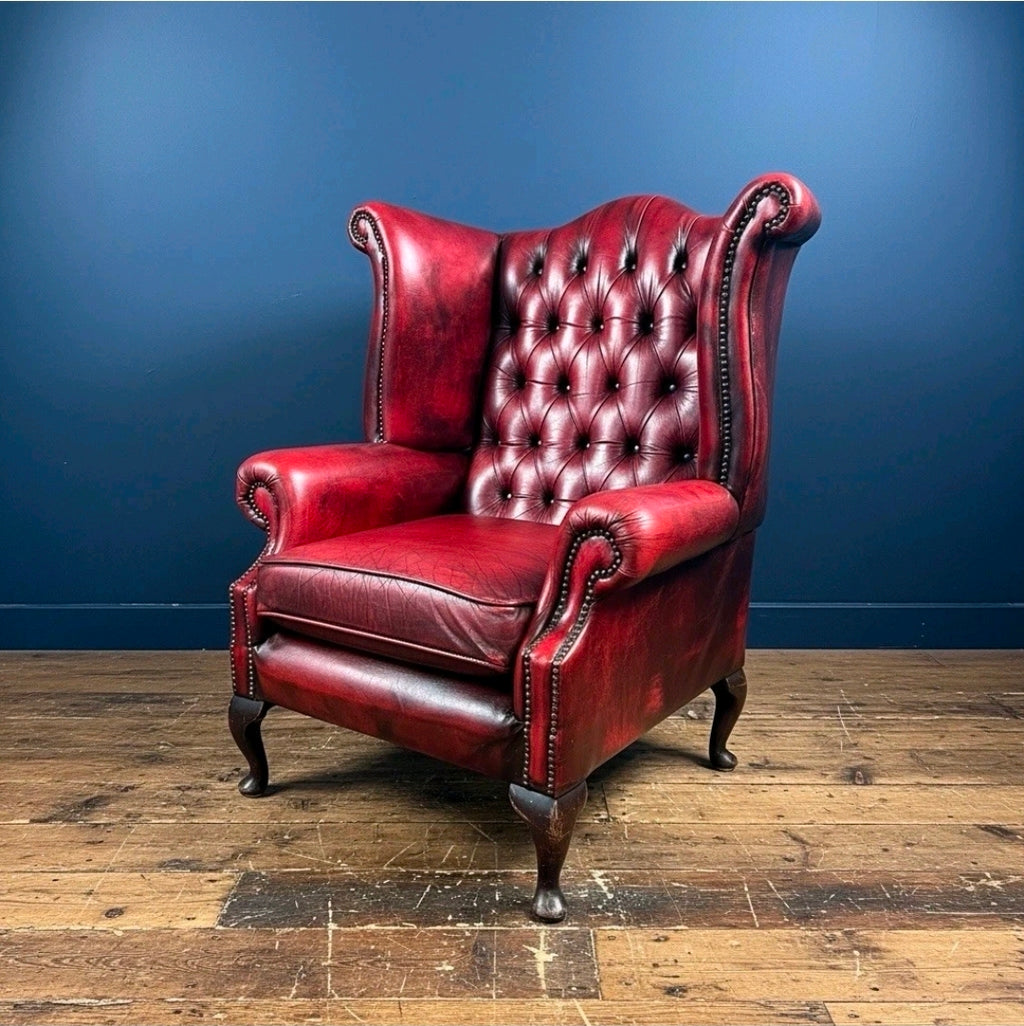 Genuine Vintage Leather Armchair,  Wingback Chesterfield, Oxblood, Tufted