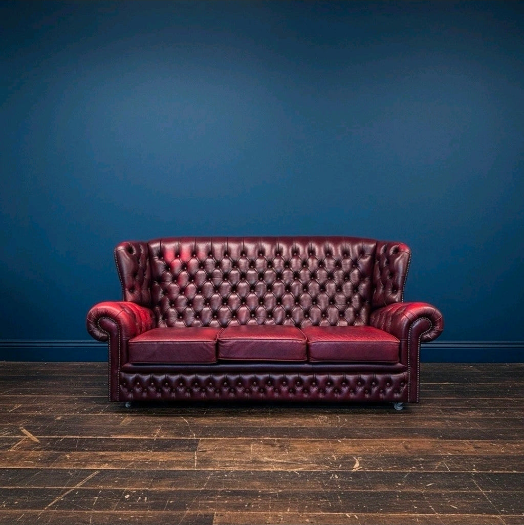 Vintage Oxblood Leather Chesterfield 3 seater Wingback Sofa, 1960s, Castors
