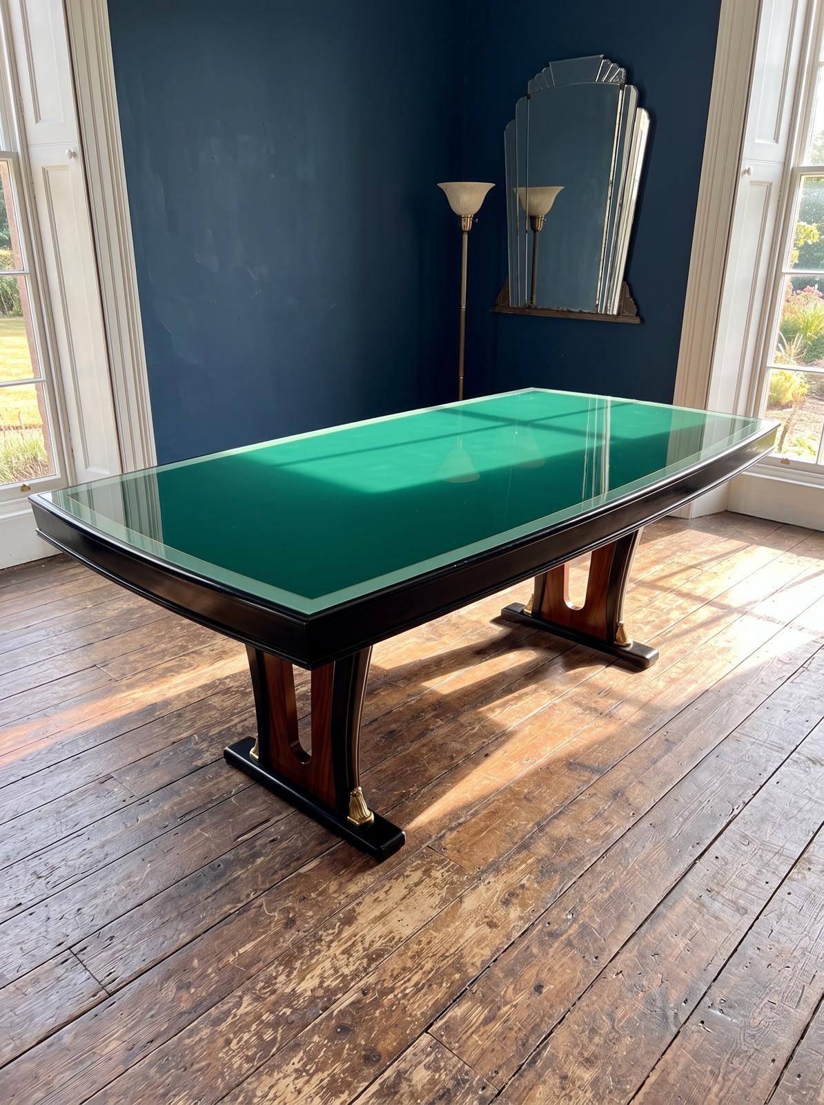 1940s Italian Designer Desk Attributed To Guglielmo Ulrich. Walnut, Glass, Green