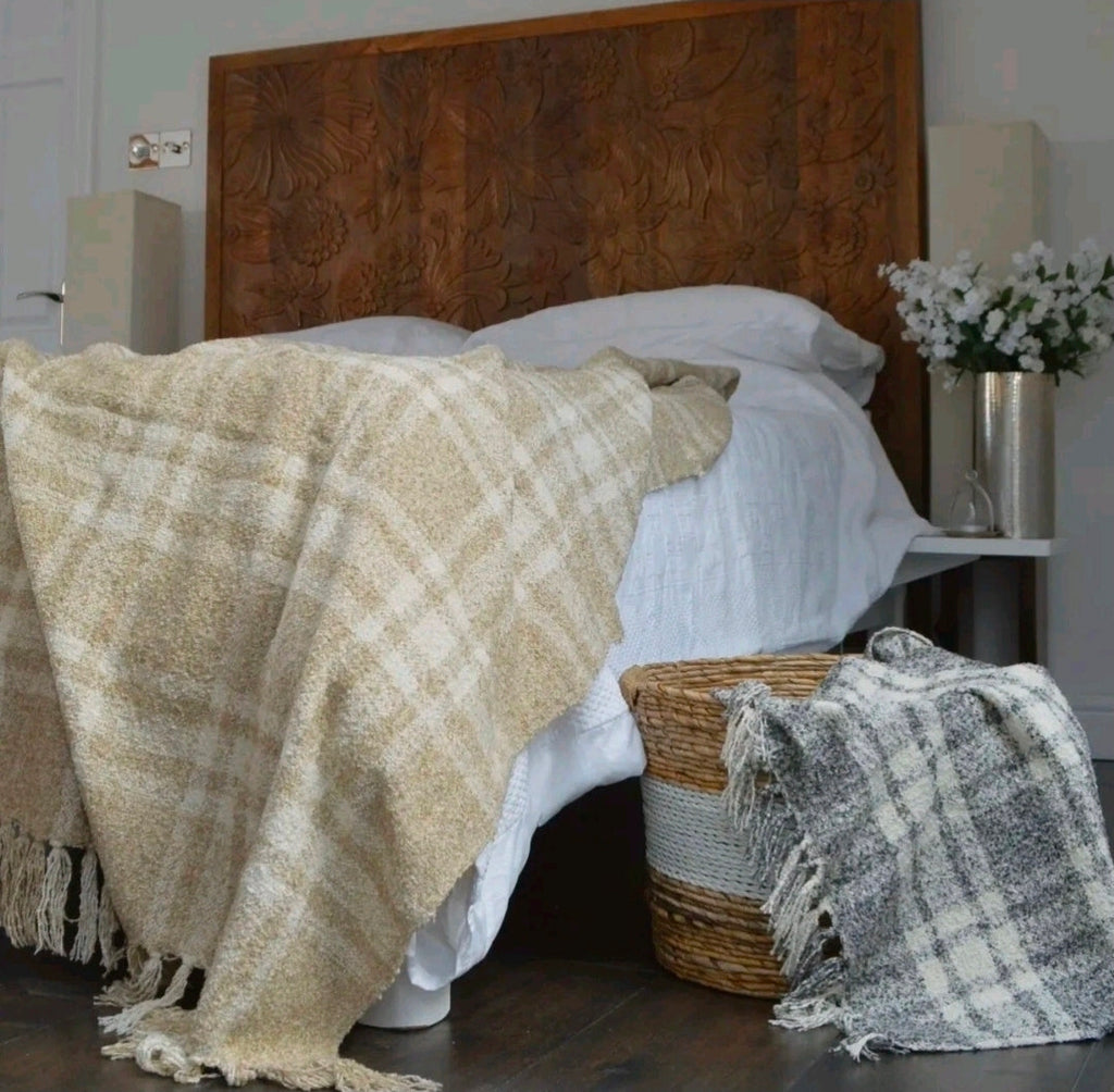 Luxury Chenille Tartan Throw Checked Picnic Blanket, 100% Recycled (Natural)