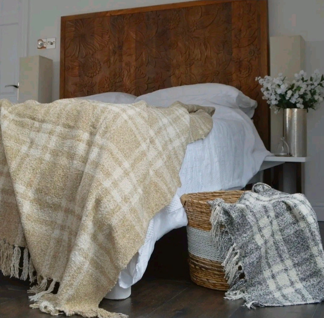 Luxury Chenille Tartan Throw Checked Picnic Blanket, 100% Recycled (Natural)