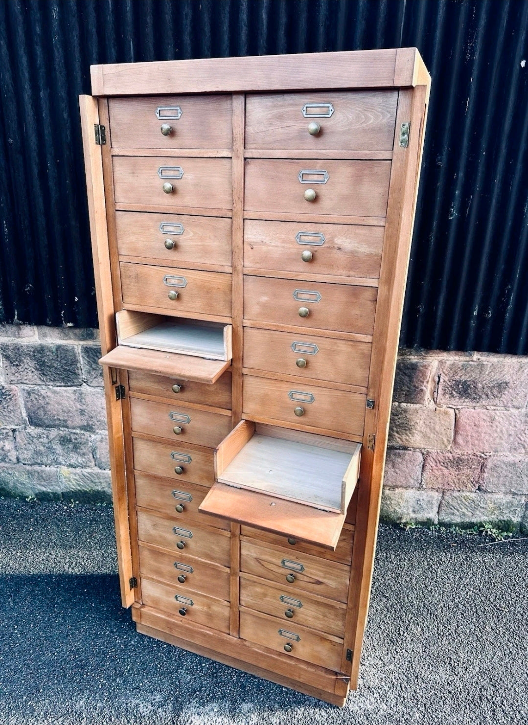 1930s Bank Of 24 Drawers. Haberdashery, Apothecary, Larch Wood, Filing Cabinet.