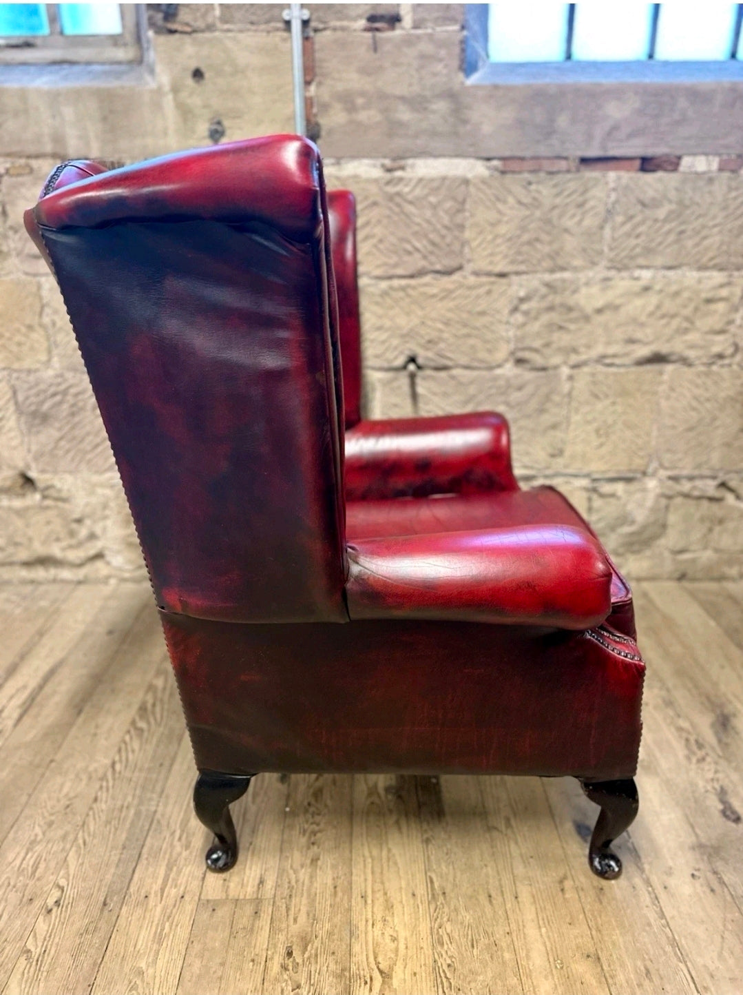 Genuine Vintage Leather Armchair,  Wingback Chesterfield, Oxblood, Tufted
