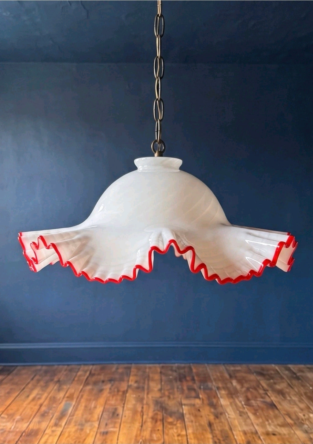 Original Rare Murano Glass Ruffle Pendant Light. 1960s White, Red, Feature Light