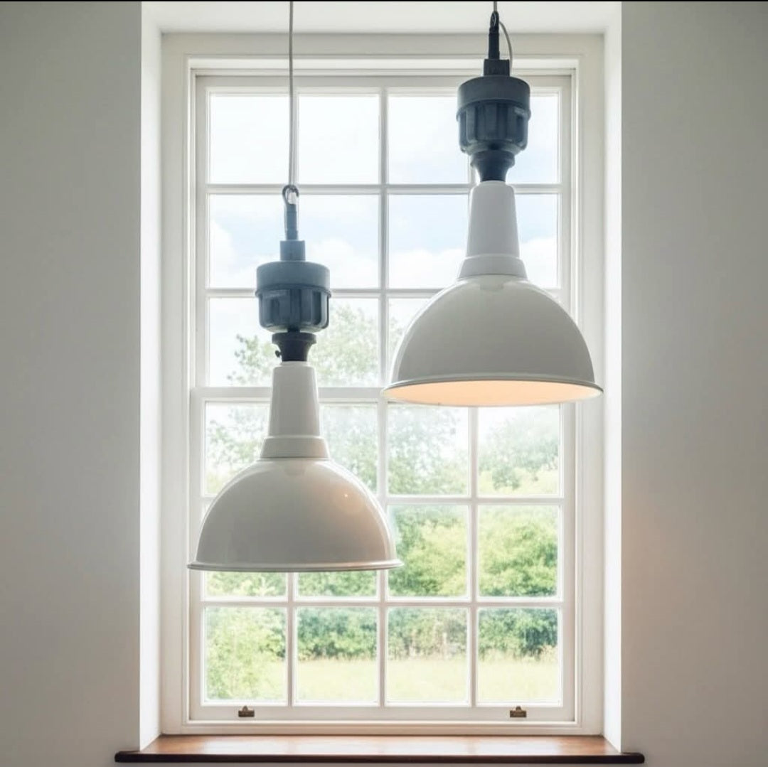 Original 1950s Industrial Benjamin Enamel Pendant Light, Kitchen, Feature, White