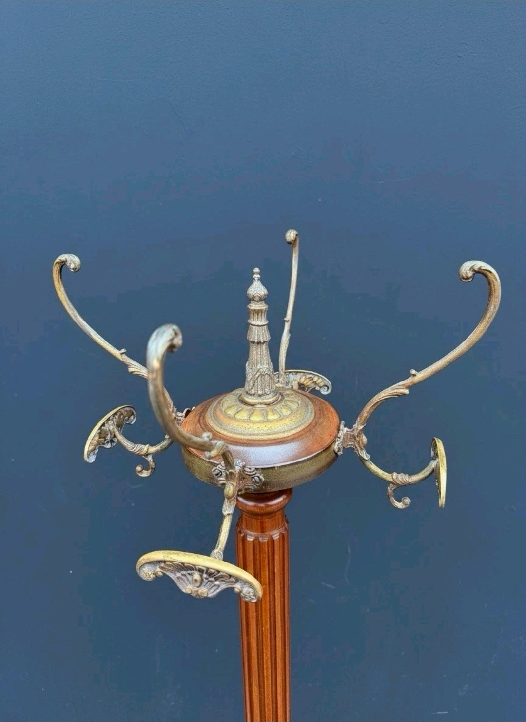 Vintage 1950s Wood & Brass Coat Stand. 8 Hooks, Hall Stand, Hat Stand, Hall Tree