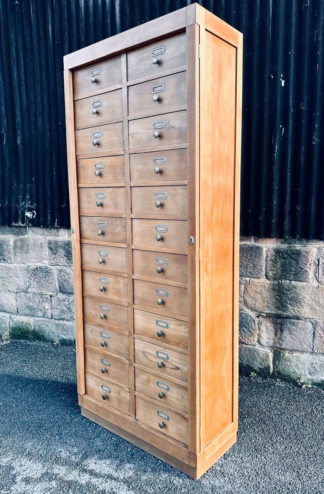1930s Bank Of 24 Drawers. Haberdashery, Apothecary, Larch Wood, Filing Cabinet.