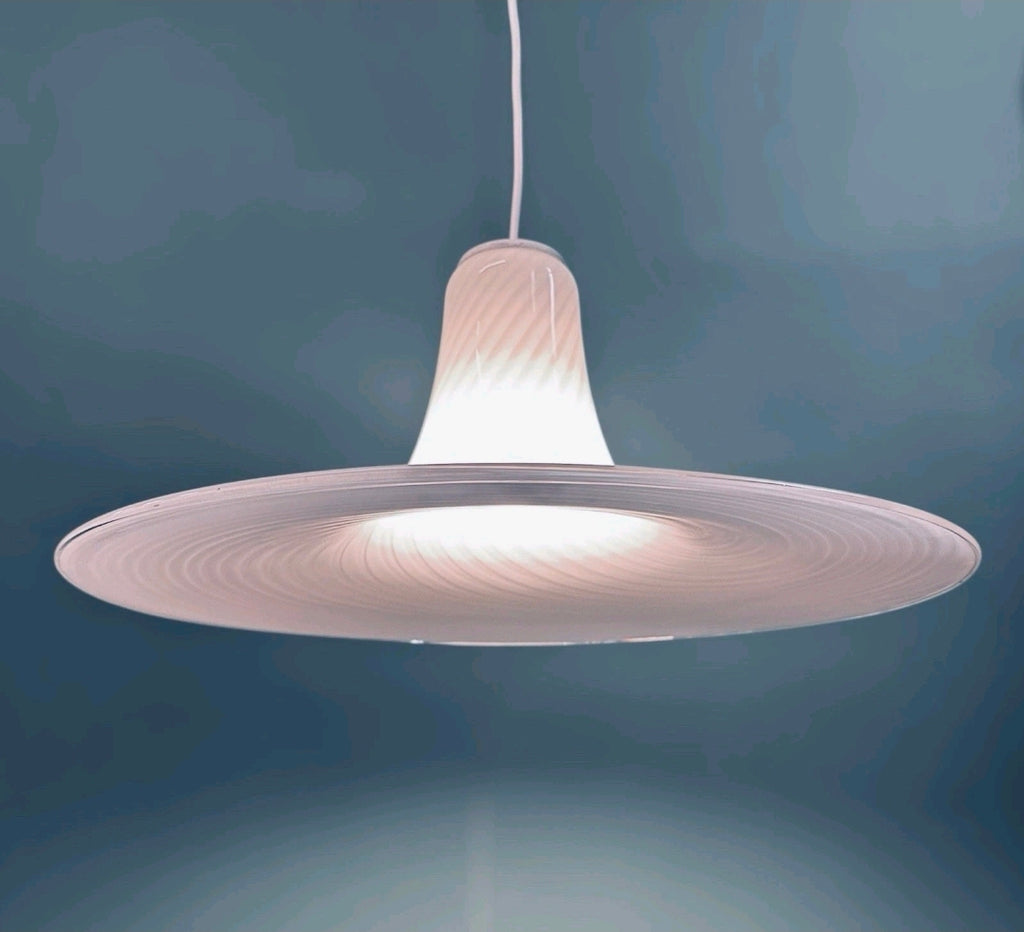 Vintage Murano Glass Swirl Pendant Light. 1970s, White, Transparent, Feature