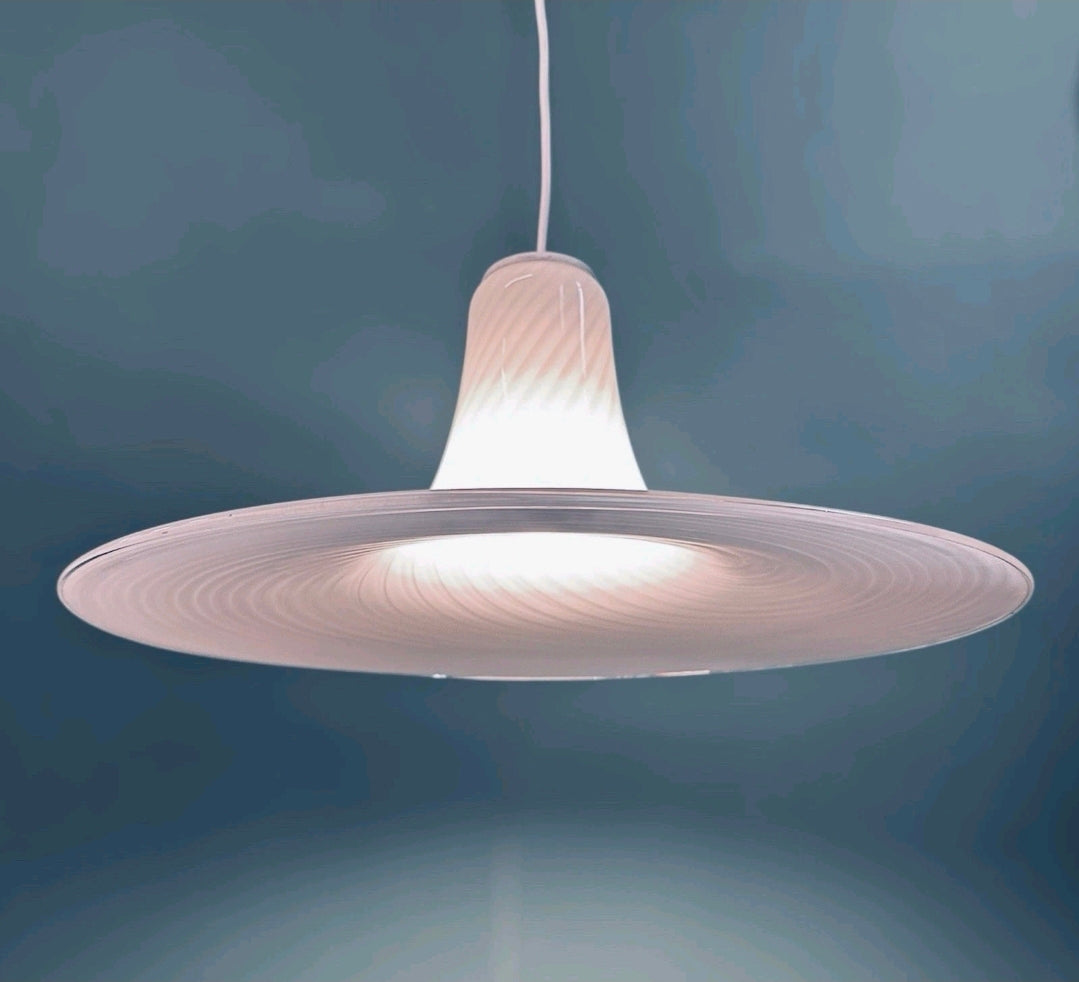 Vintage Murano Glass Swirl Pendant Light. 1970s, White, Transparent, Feature