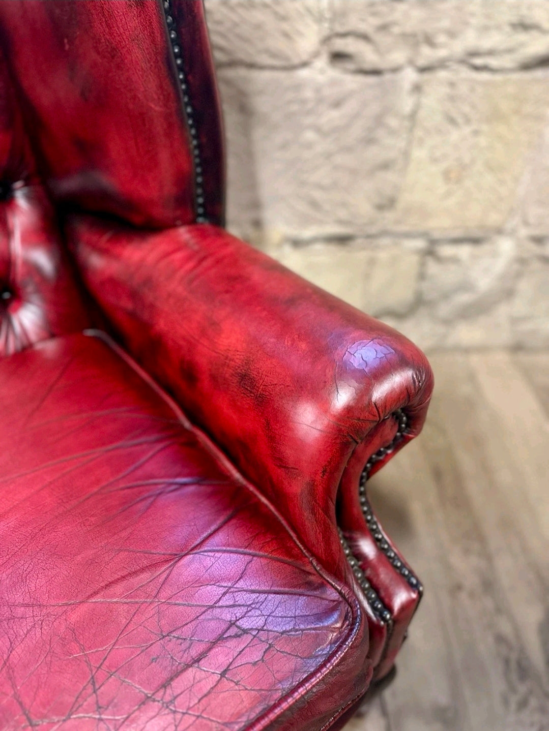 Genuine Vintage Leather Armchair,  Wingback Chesterfield, Oxblood, Tufted