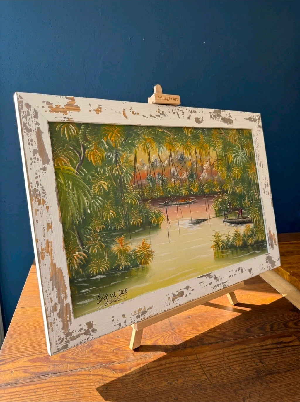 Framed Impasto Ethnic Oil Painting by A W Doe African Artist, Palm Trees, Boats