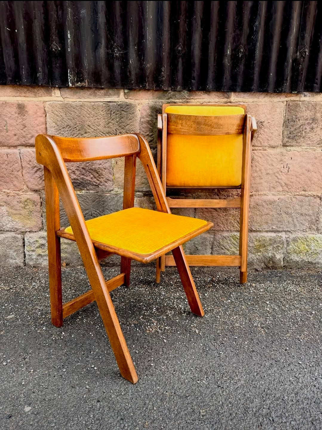 Mid‑Century Italian Beech Folding Chairs with Upholstered Seats