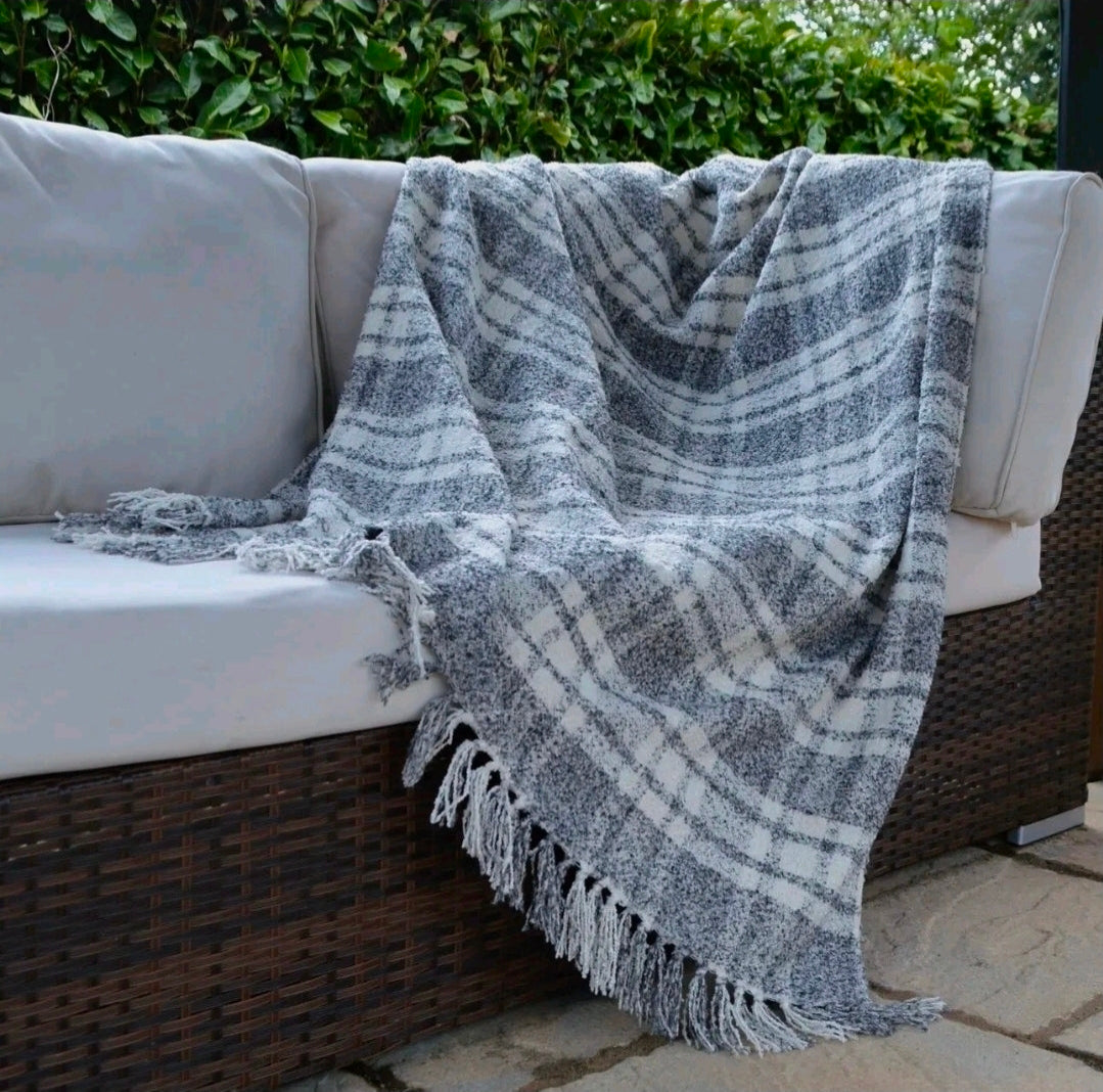 Luxury Chenille Tartan Throw Checked Picnic Blanket, 100% Recycled in (Grey)