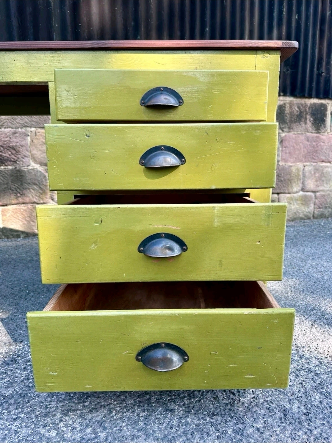 Industrial Reclaimed Large Clerks Desk. Original Paint, Statement, 8ft, Drawers