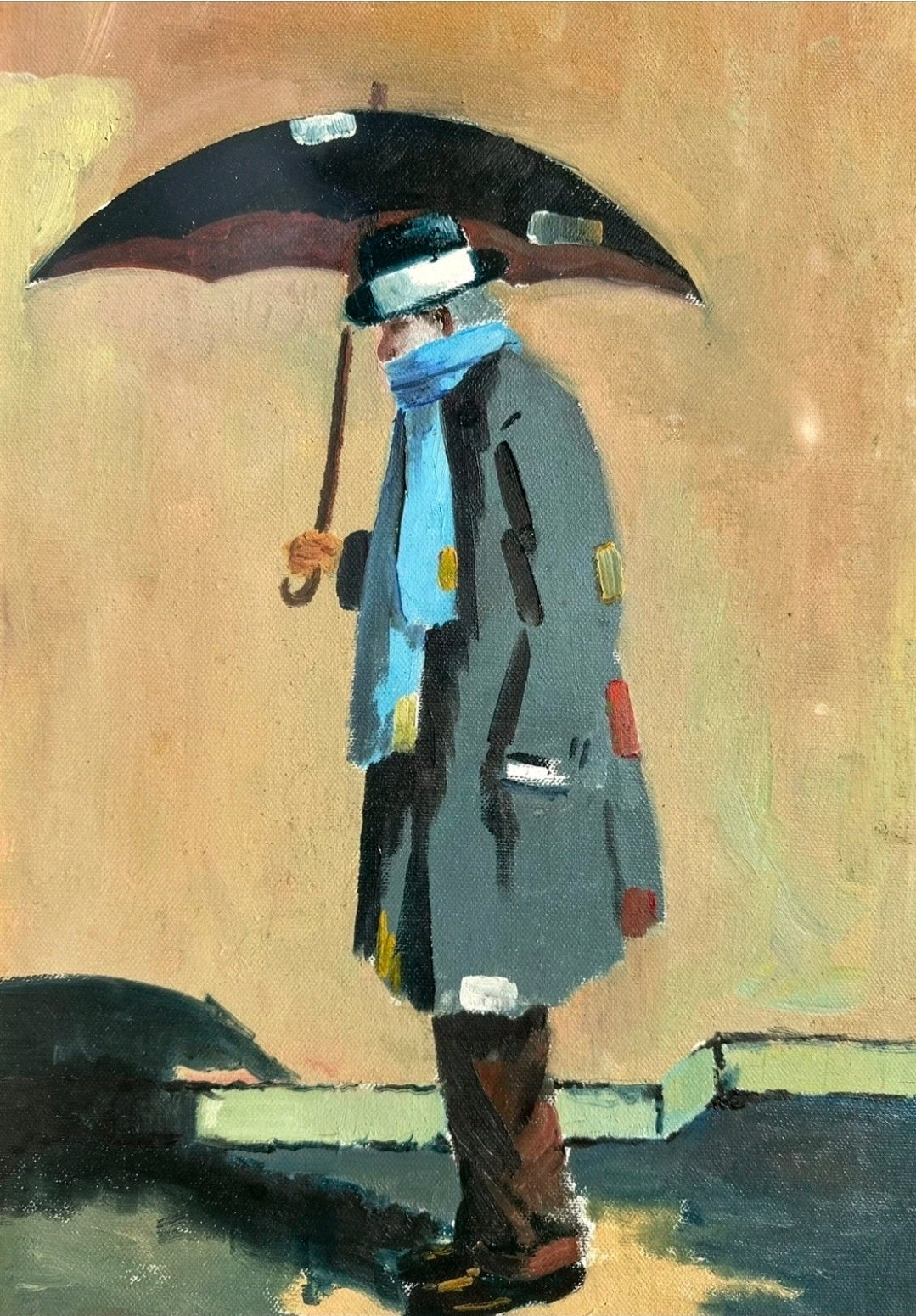 Original Signed Painting ‘Man With Umbrella’ Italian, Framed, Small. Collectable