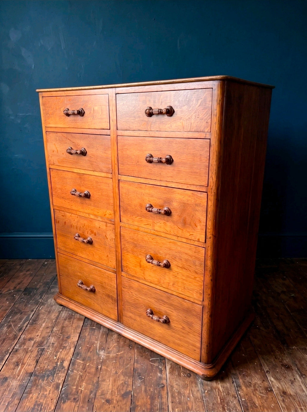 1920s Antique Banker’s Oak Tallboy Chest of Drawers. 10 Drawer. Office, Bedroom