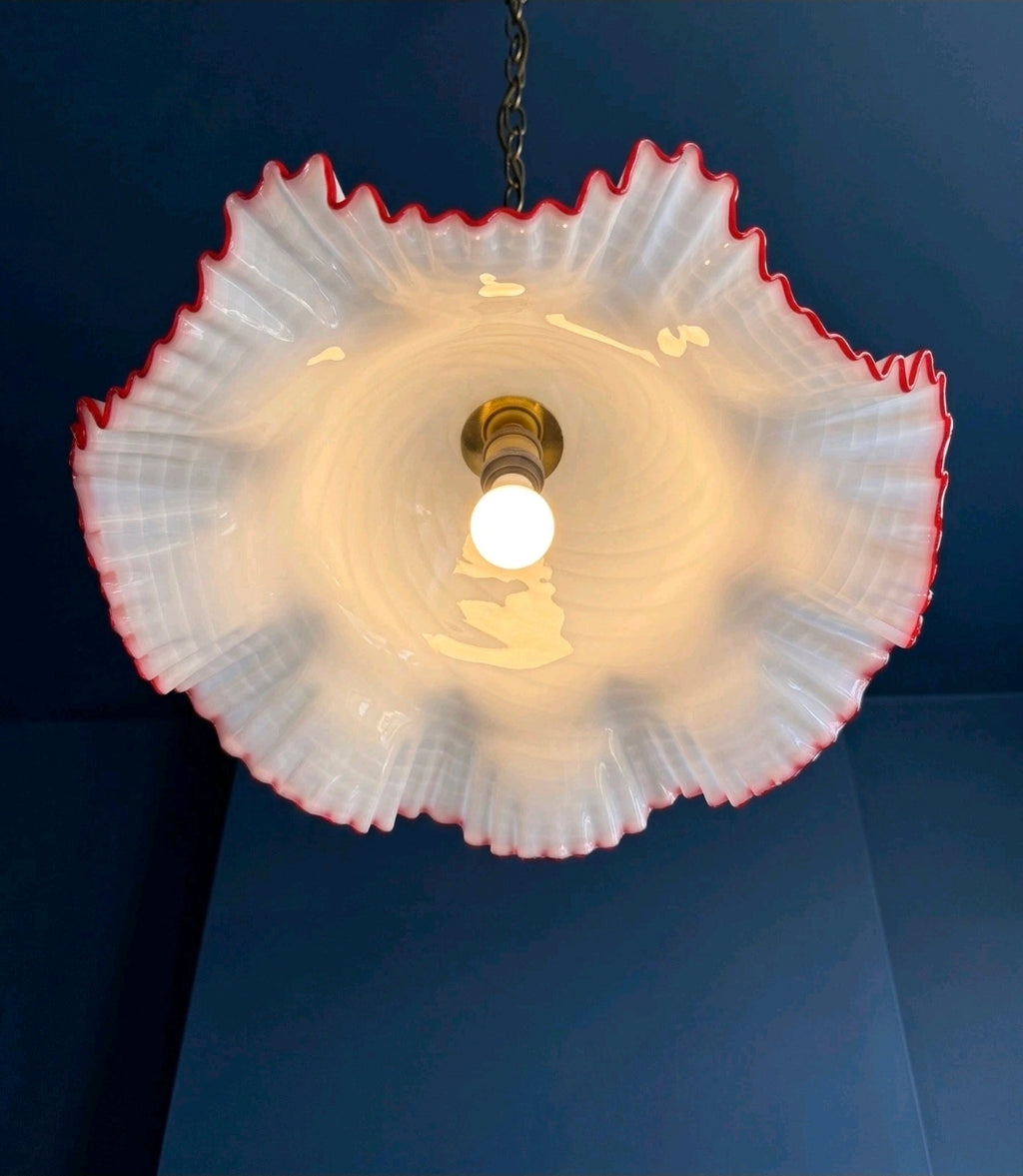 Original Rare Murano Glass Ruffle Pendant Light. 1960s White, Red, Feature Light