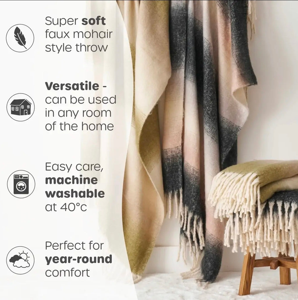 Ombre Faux Mohair Throw - Soft Fringed Blanket (Green)