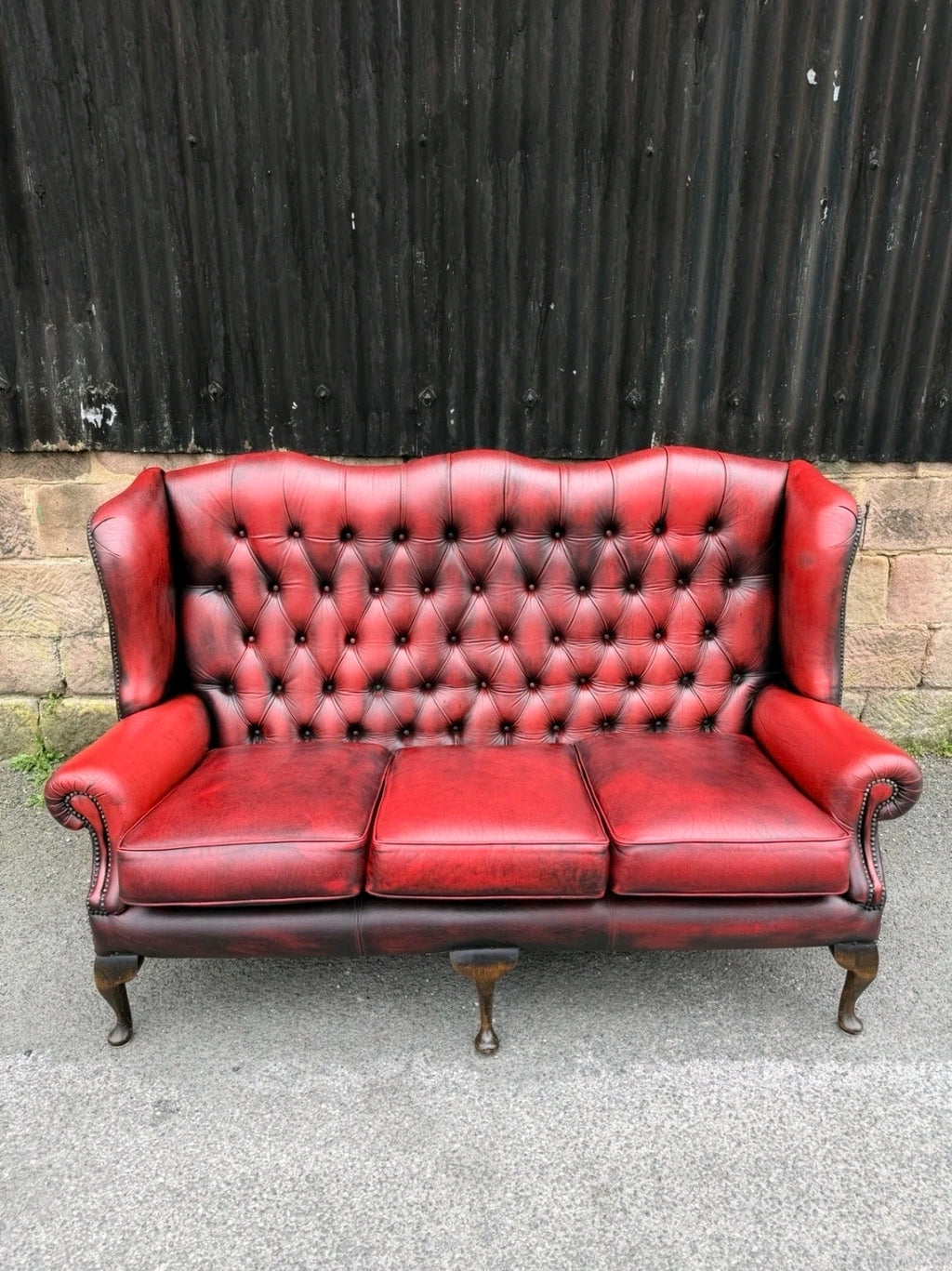 Vintage Oxblood Leather Chesterfield 3 seater Wingback Sofa.