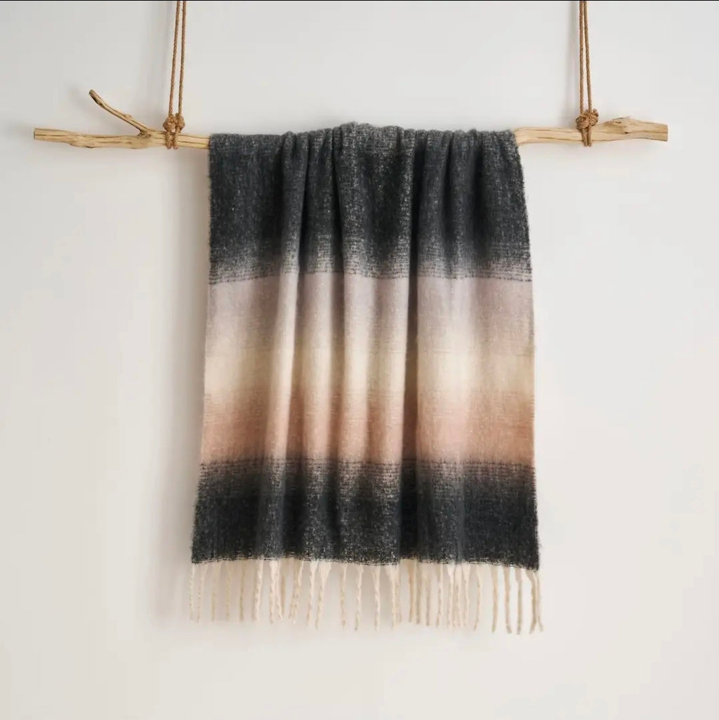 Ombre Faux Mohair Throw - Soft Fringed Blanket (Grey)