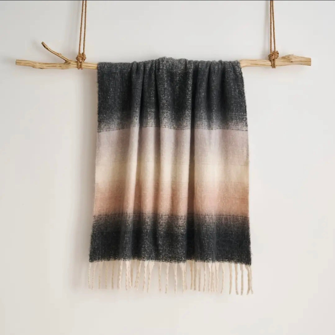 Ombre Faux Mohair Throw - Soft Fringed Blanket (Grey)