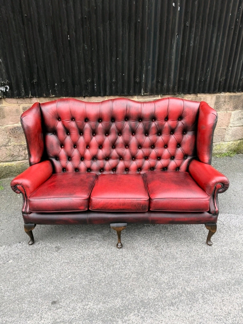 Vintage Oxblood Leather Chesterfield 3 seater Wingback Sofa.
