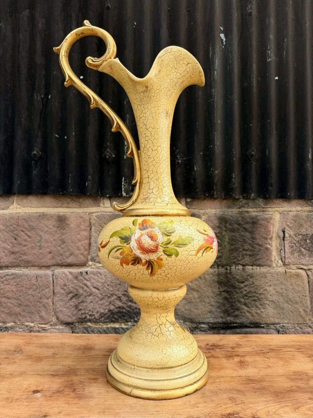 Large Vintage Italian Hand Painted Ceramic Pitcher Vase. Flowers, Display