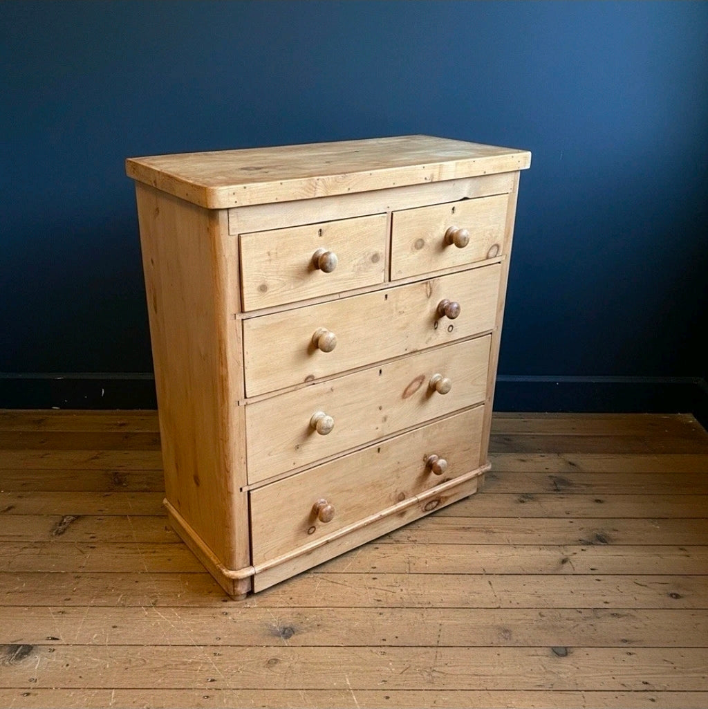 Antique Victorian Pine Chest Of Drawers, Original, 2 Over 3 Drawers, Bedroom