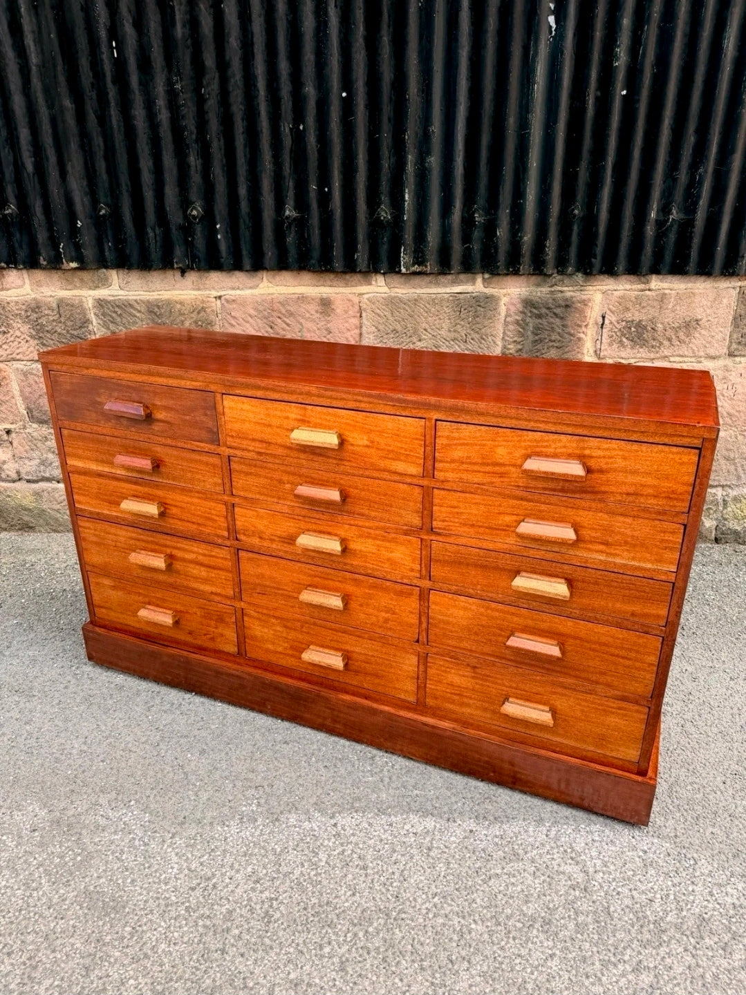 Vintage Mid Century Iroko Wood Science Lab Bank Of Drawers. 1950s, Industrial