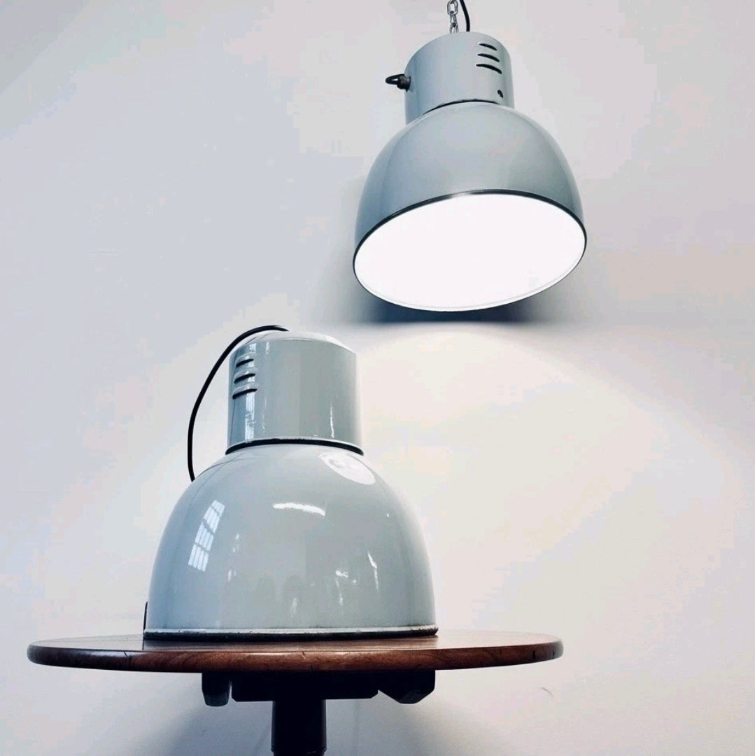 Original 1950s Industrial Italian Fiat Factory Enamel Pendant Light, Grey, Rare