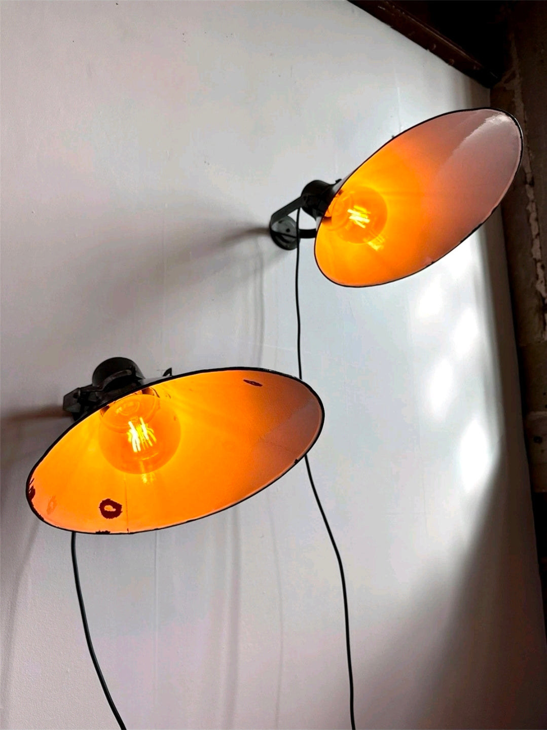 Large Rare Original 1940s Industrial Black Enamel Sign Lights, Picture Light