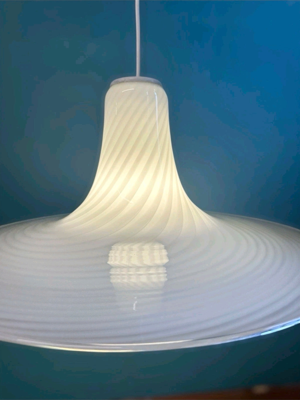 Vintage Murano Glass Swirl Pendant Light. 1970s, White, Transparent, Feature