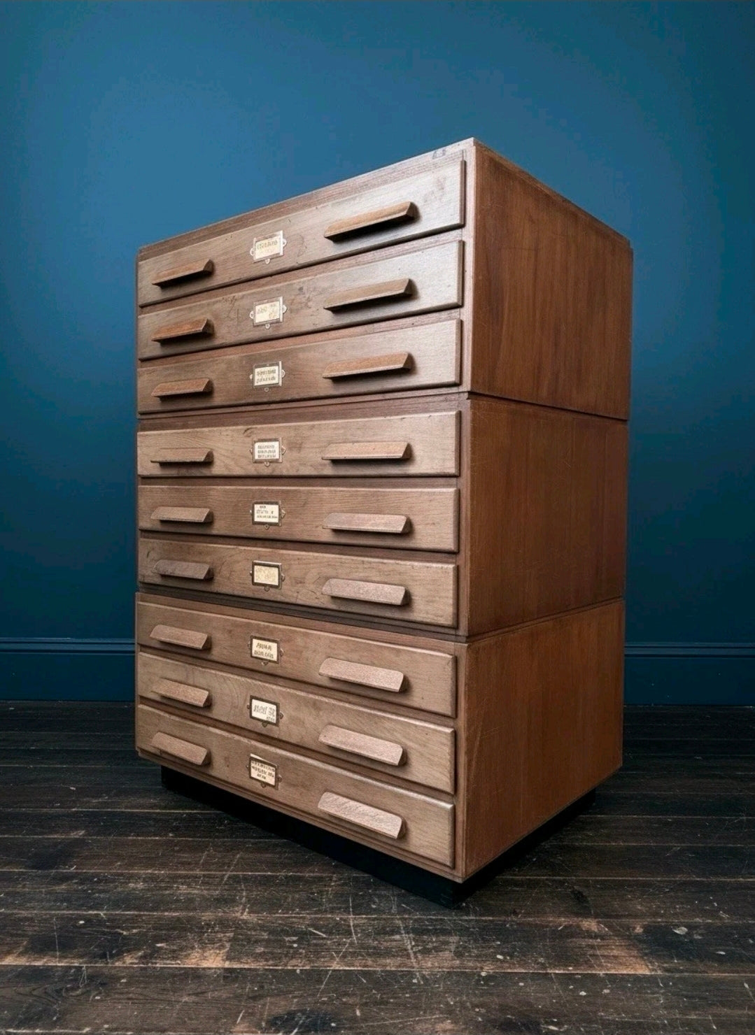 Large Mid Century Oak Architects Plan Chest. 9 Drawers, Vintage, Storage, Office