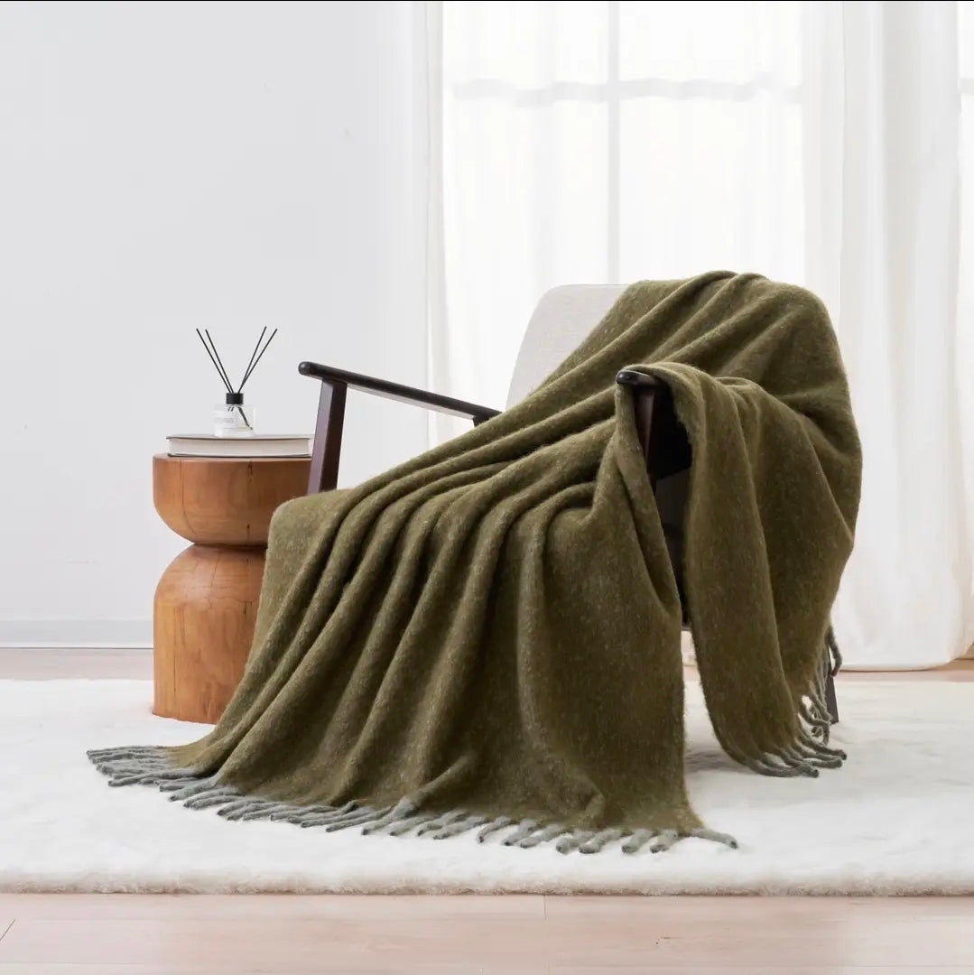 Aisling Faux Mohair Throw - Soft, Stylish Fringed Blanket in (Moss Green)
